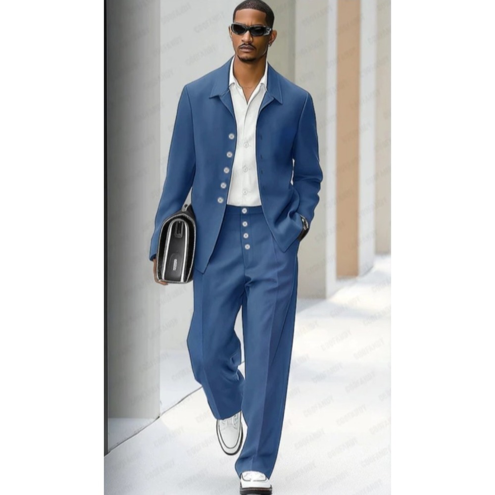 Coofandy Men 2 Piece Stretch Suit Set Slim Fit Lapel Jacket & Match Pants L Blue